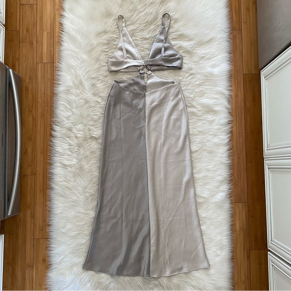 Bec + Bridge Stone Grey Satin Colorblock Felix V Cut Out Maxi Dress - Picture 8 of 14